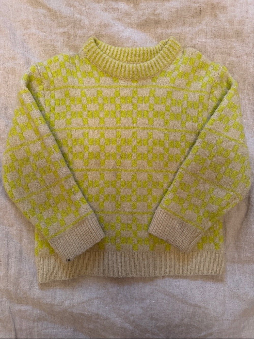 Zara Kids Checkerboard Knit Sweater in Chartreuse and Cream